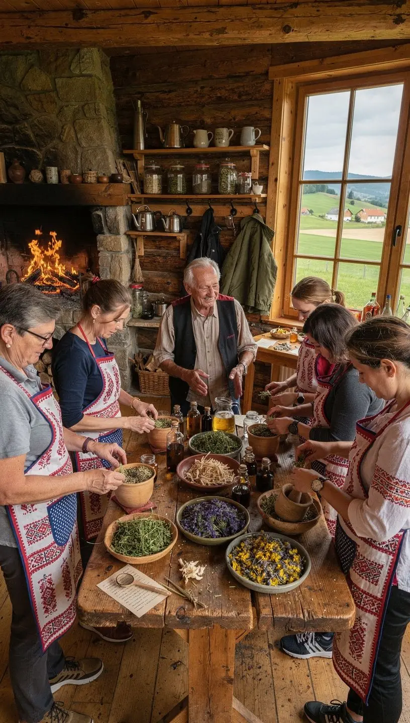 Rodina vychutnáva spoločné chvíle pri stole s pohármi čaju v útulnej slovenskej chate.