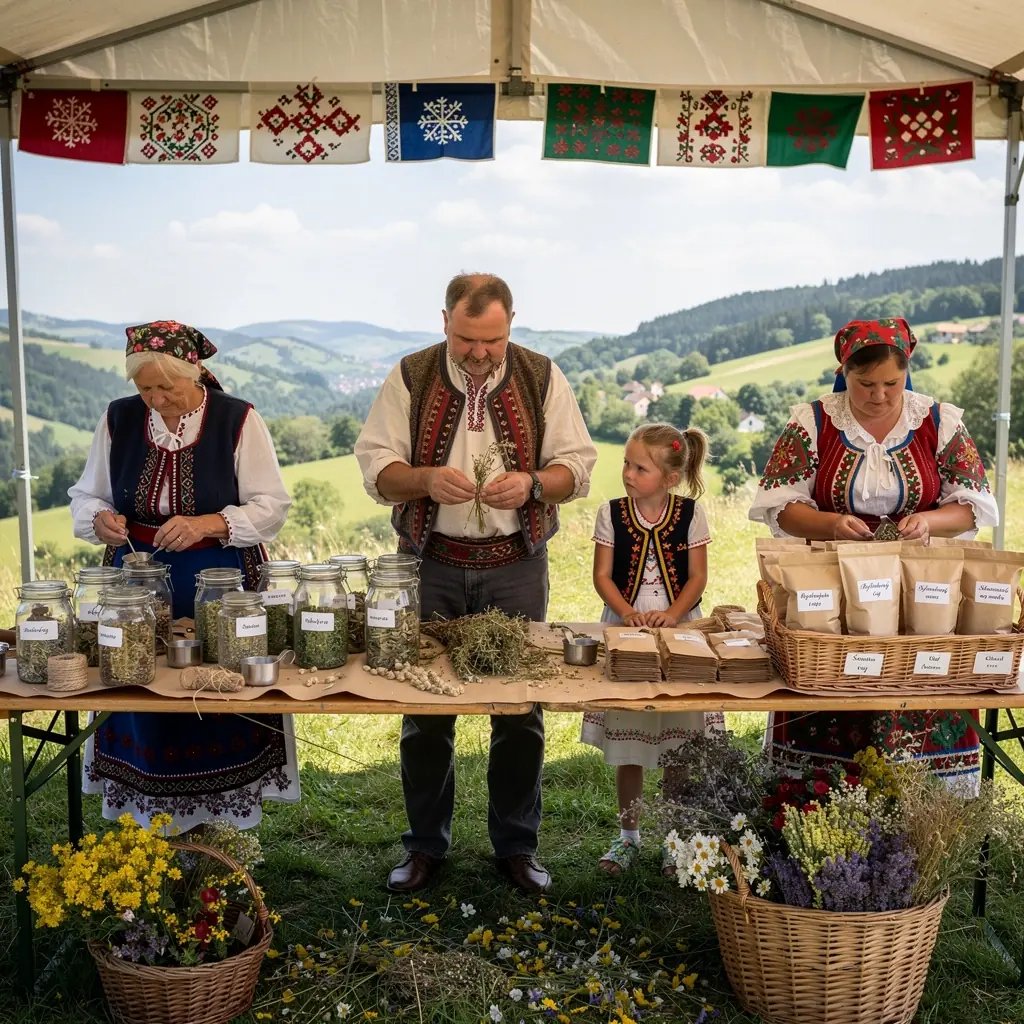 Tradičný slovenský trh so stánkami predávajúcimi rôzne bylinkové zmesi a čajové produkty.